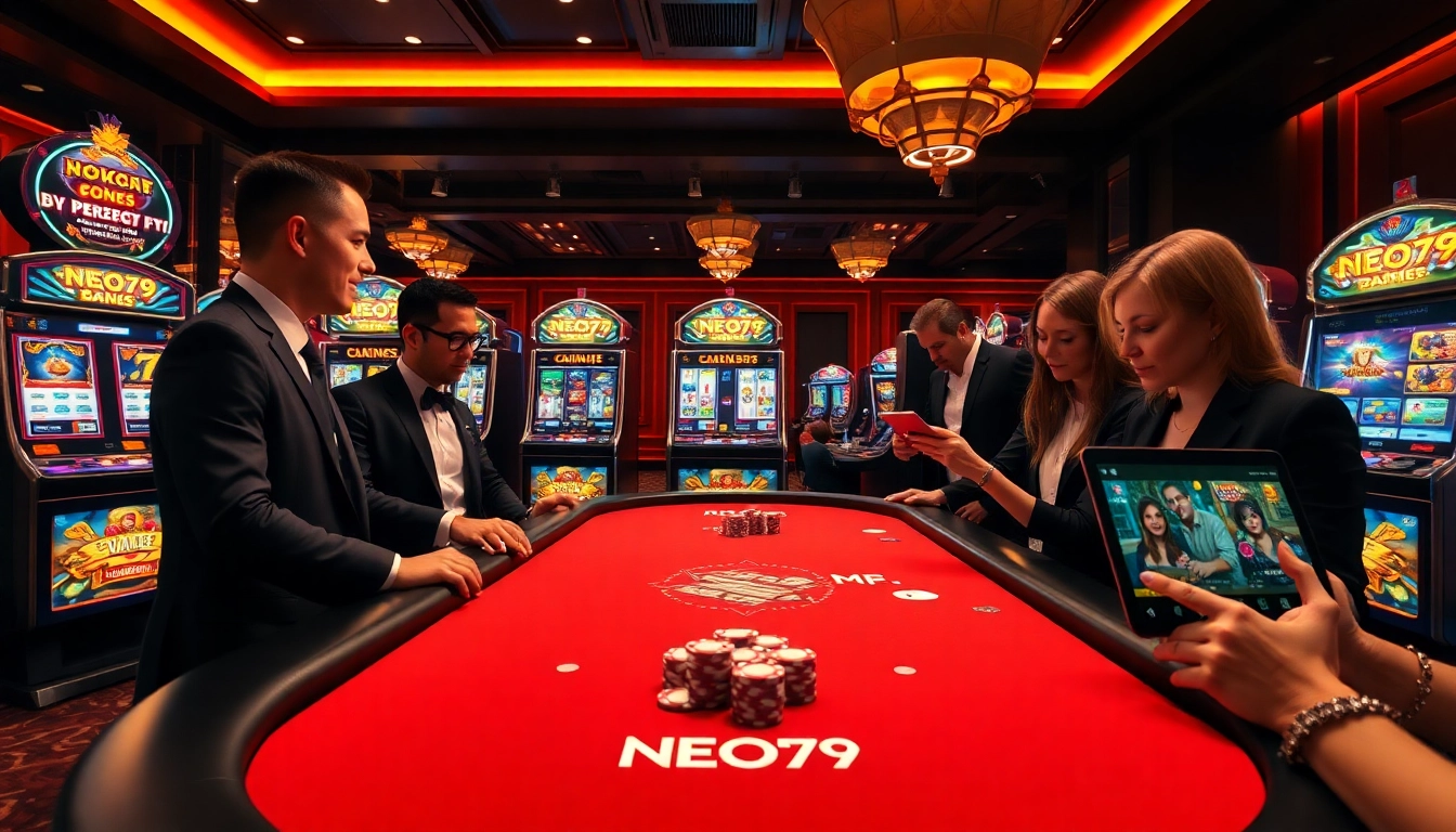 NEO79 poker scene with vibrant chips and excited players in a luxurious casino setting.
