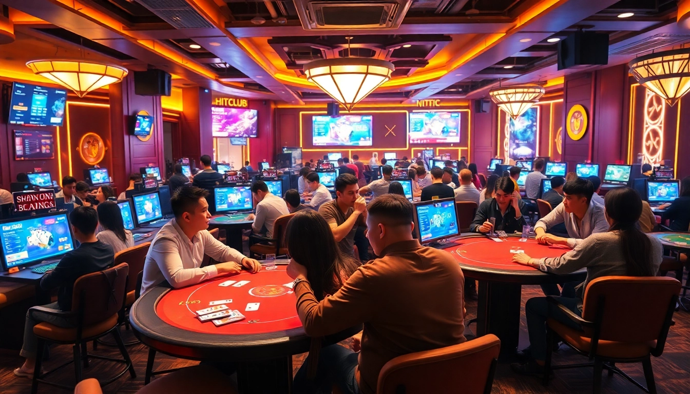 Dynamic gameplay scene at HITCLUB, showcasing diverse players engaged in card games.