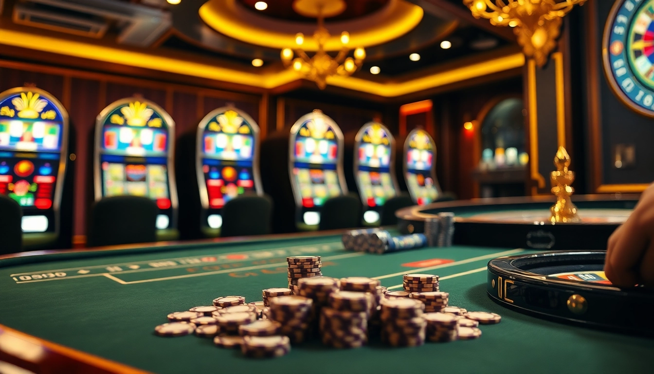 Experience the thrill of lego138 with vibrant casino visuals, featuring poker chips and slot machines.