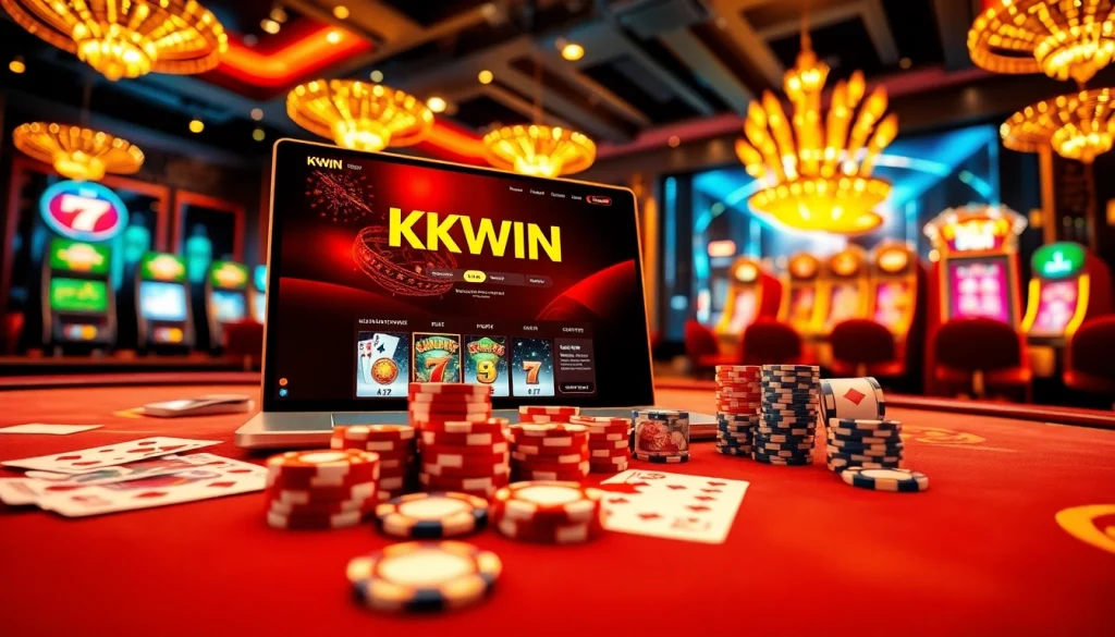 KKWIN online platform showcasing vibrant casino elements like cards and chips, evoking gambling excitement.