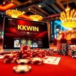 KKWIN online platform showcasing vibrant casino elements like cards and chips, evoking gambling excitement.