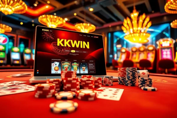 KKWIN online platform showcasing vibrant casino elements like cards and chips, evoking gambling excitement.