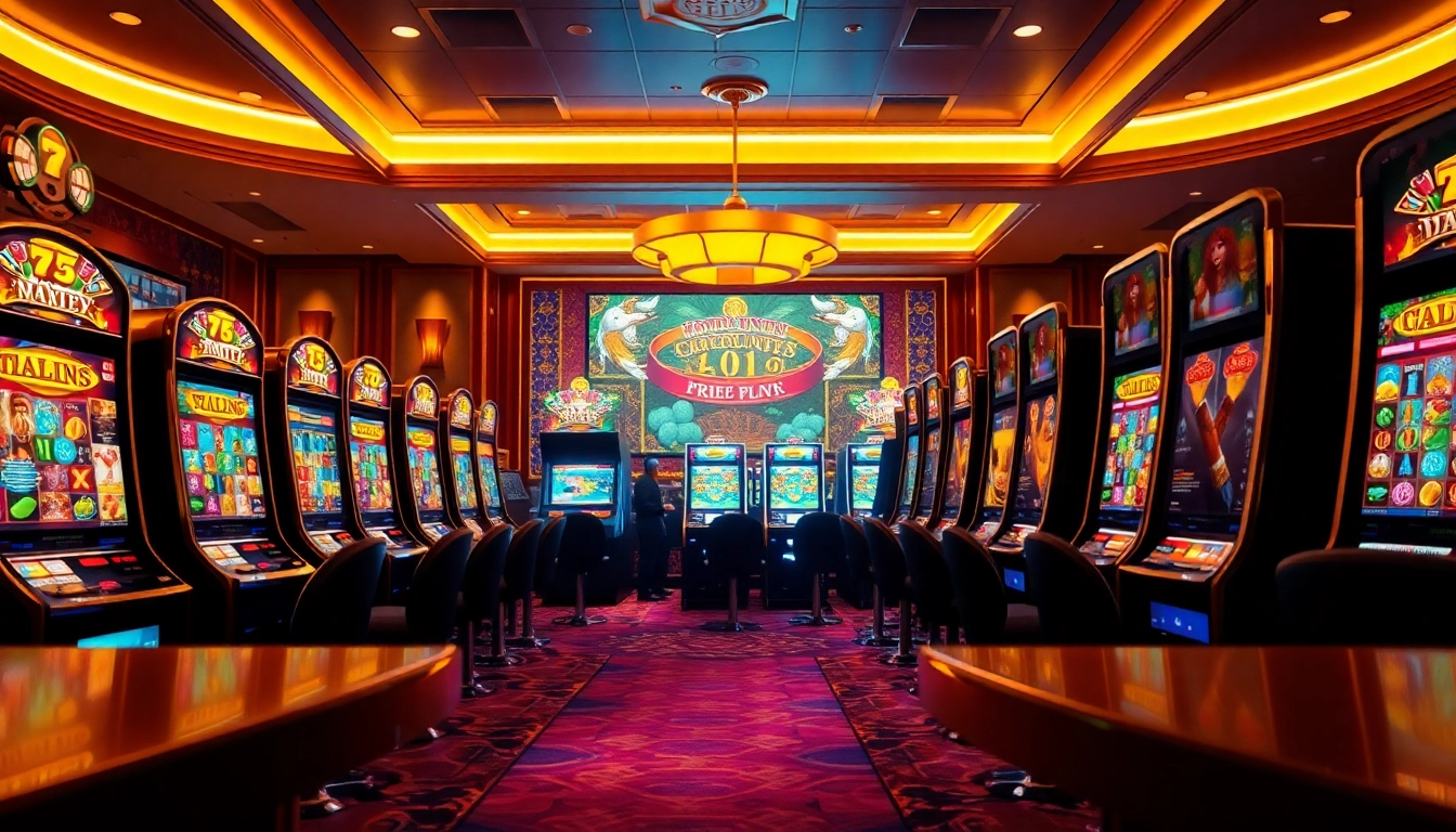 Pemain yang menikmati mesin slot yang berwarna-warni dalam suasana kasino mewah, menonjolkan kegembiraan dan potensi kemenangan.