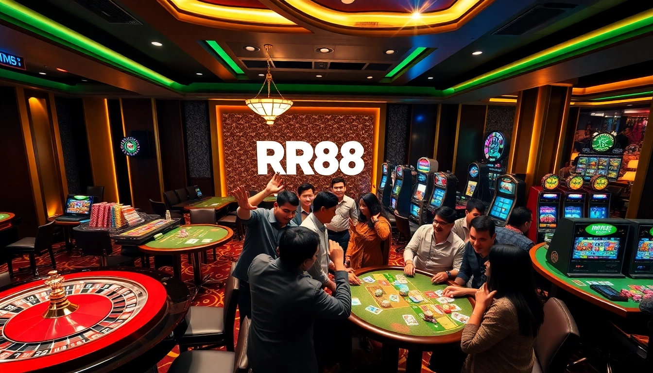 Experience the excitement of RR88 with vibrant casino tables and enthusiastic gamblers.
