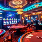 SODO-themed gambling scene featuring poker tables and vibrant slot machines in a luxurious casino.