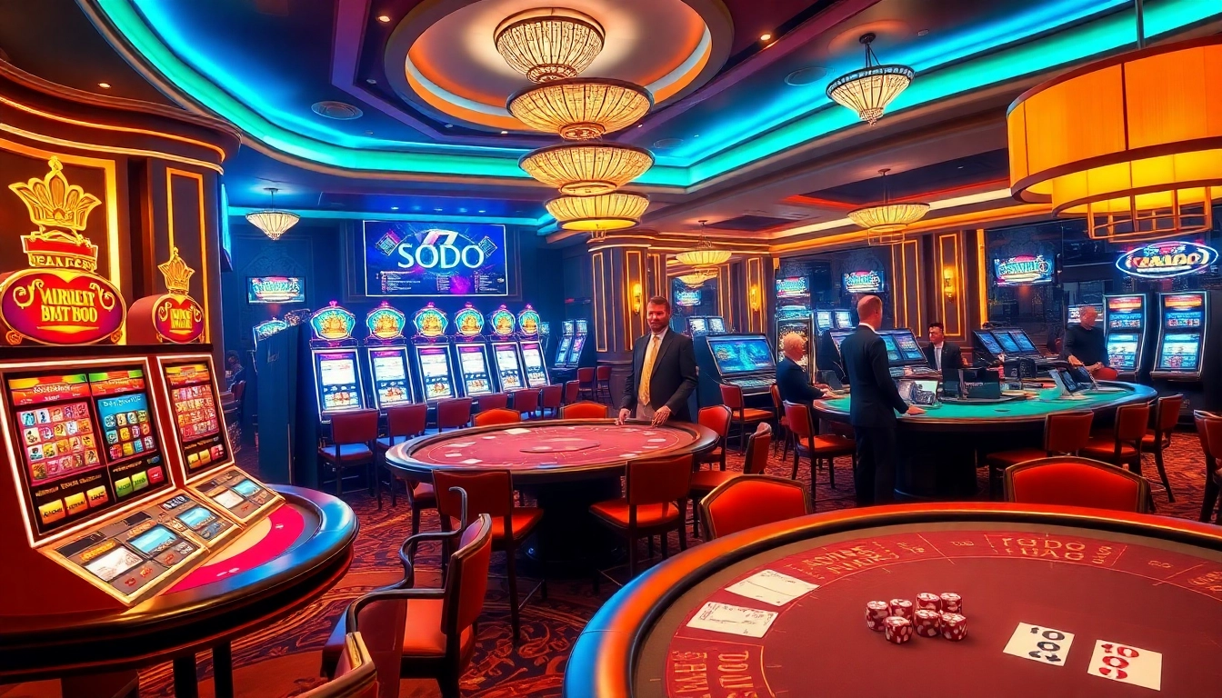 SODO-themed gambling scene featuring poker tables and vibrant slot machines in a luxurious casino.