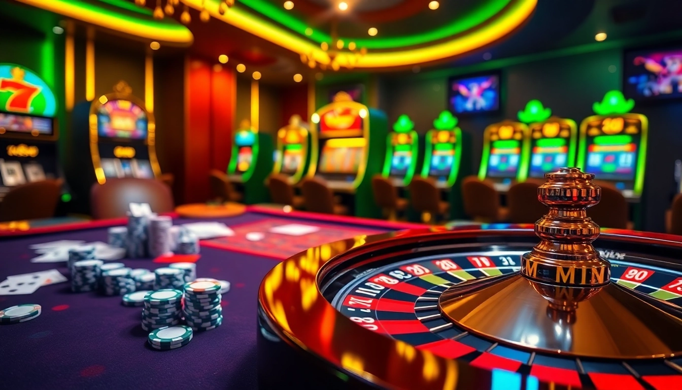 Experience the thrill of gaming at MN88 with an elegant casino scene featuring poker and roulette.