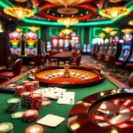 79king poker table with vibrant chips and illuminated slot machines creating excitement.