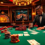 Exciting poker action at Hitclub9 with vibrant chips and professional dealers in a luxurious casino.