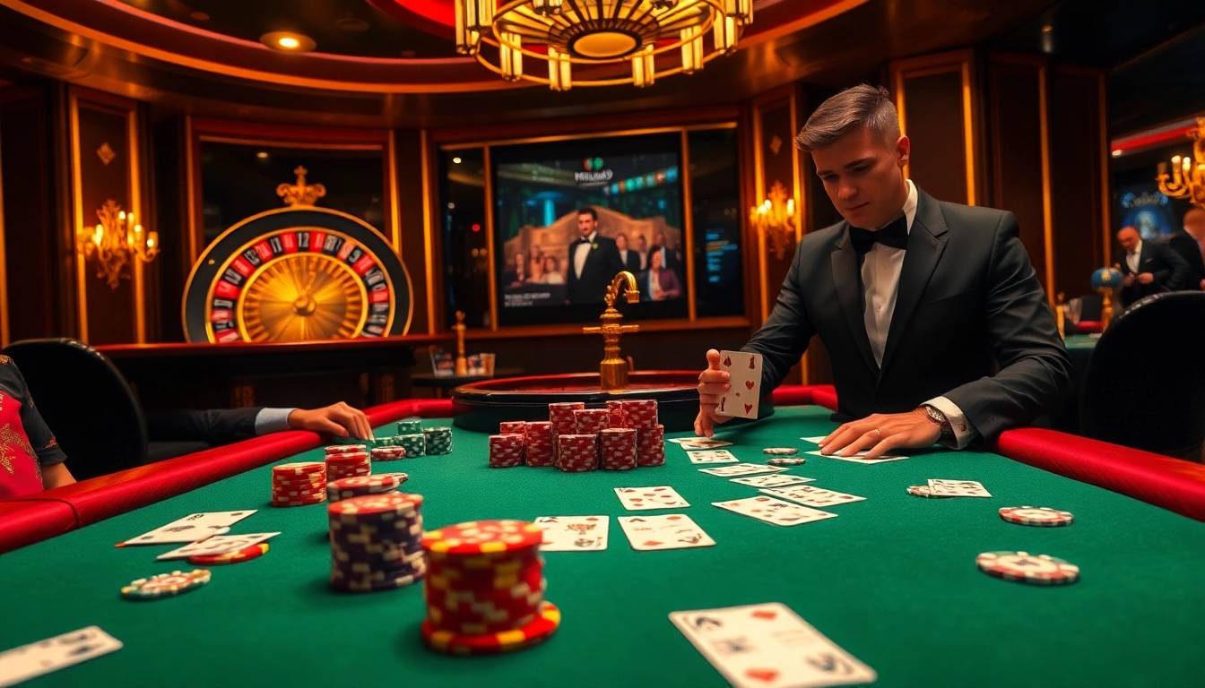 Exciting poker action at Hitclub9 with vibrant chips and professional dealers in a luxurious casino.