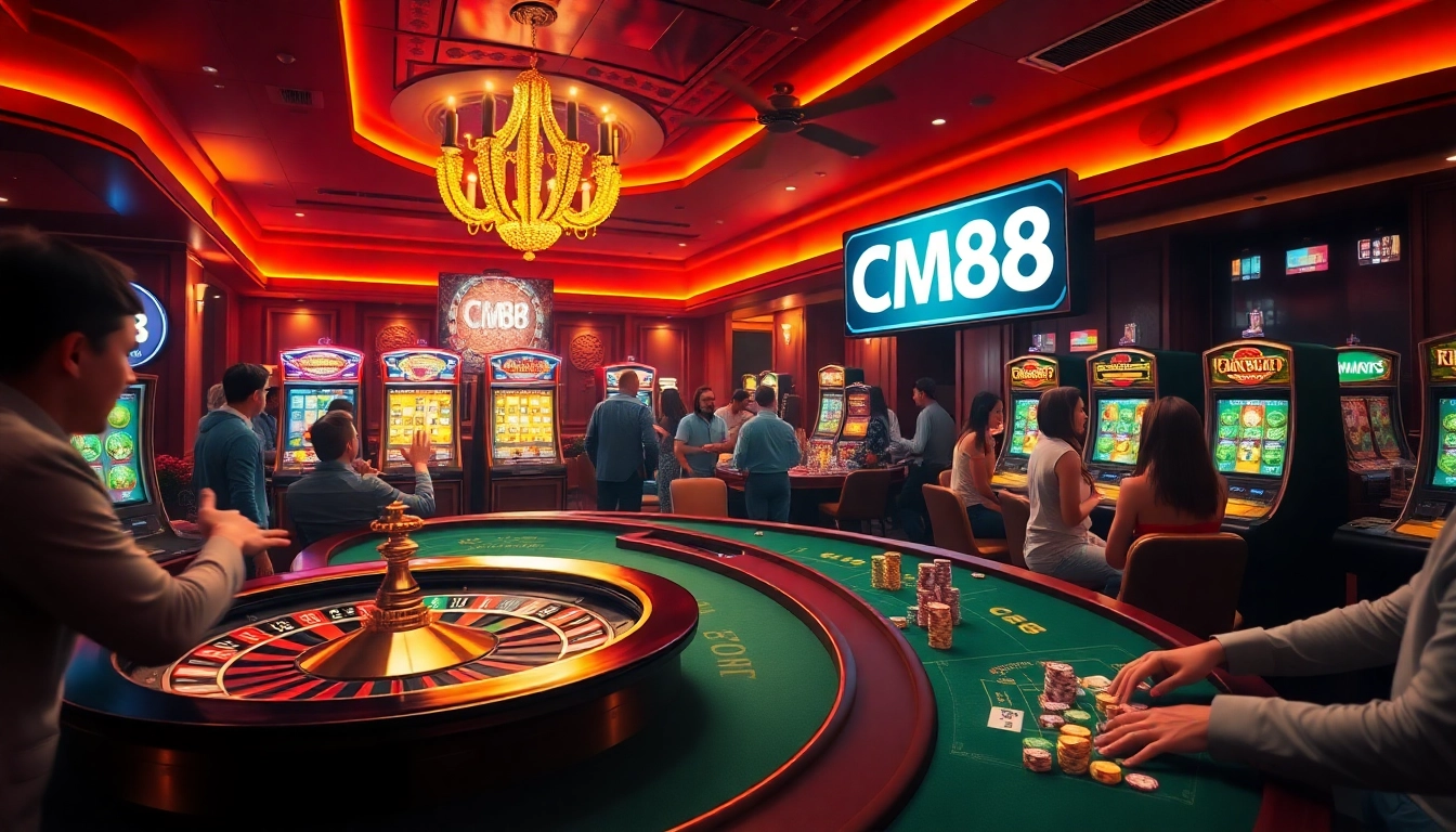 Experience the thrill of CM88 as players engage in a dynamic casino setting with slots and roulette.