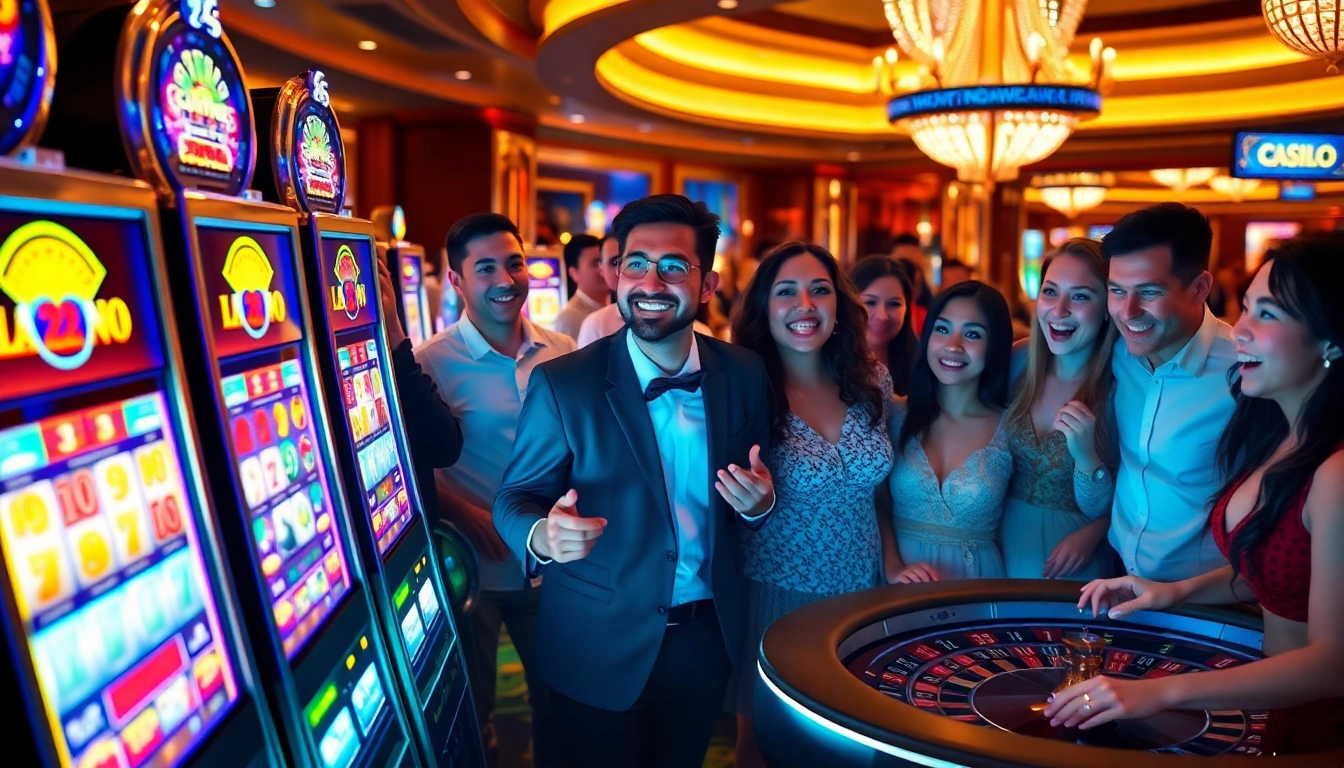 Pemain yang berinteraksi dengan mesin slot yang berwarna-warni di suasana kasino mewah.