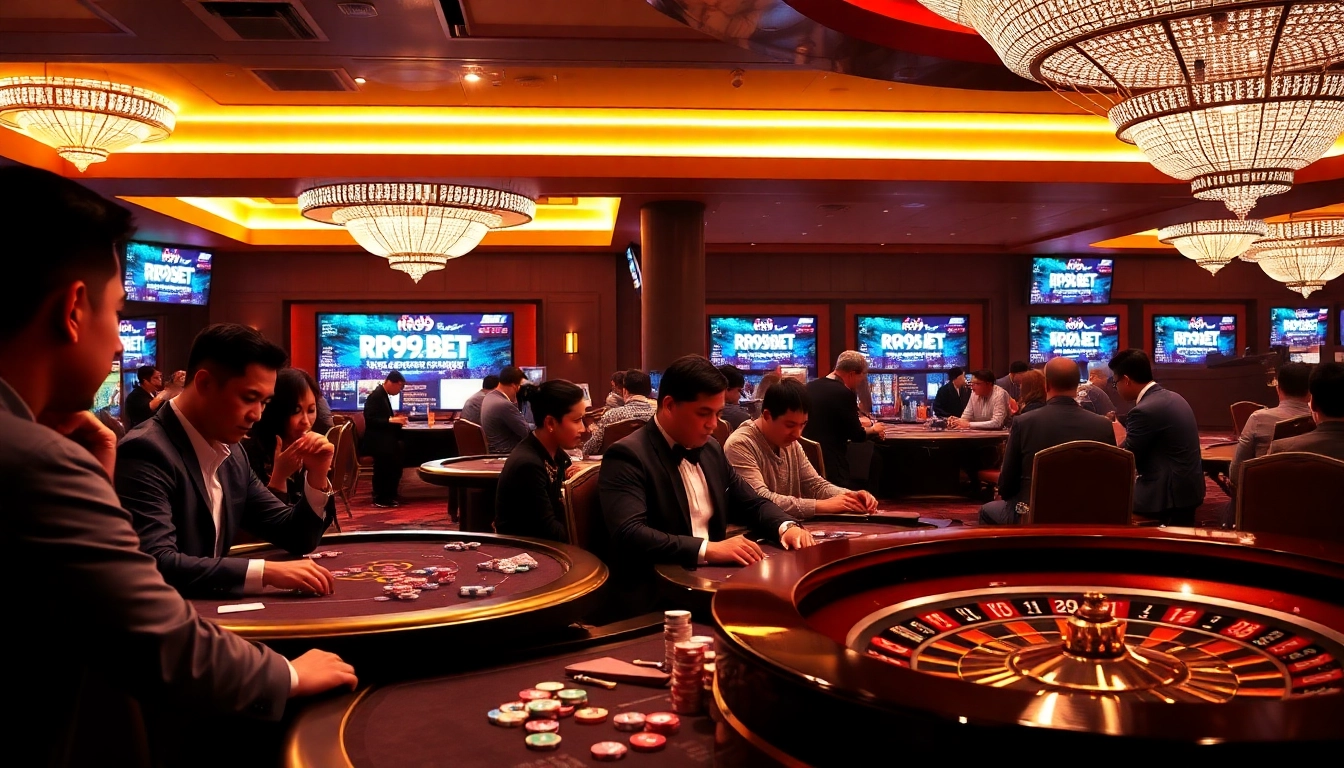 Experience RR99 BET with an exciting casino scene showcasing live poker, roulette, and vibrant gaming action.