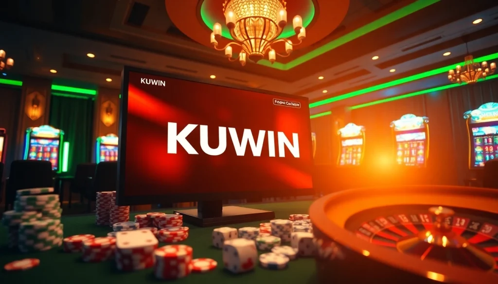 Kuwin online gambling platform displayed with poker chips and roulette wheel for an immersive betting experience.