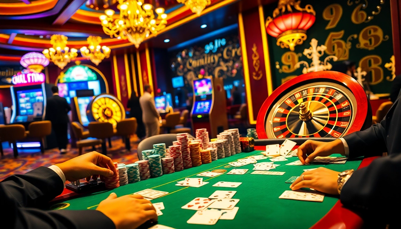 Engaging casino scene with poker players and roulette wheel showcasing excitement at https://98win3h.io/.