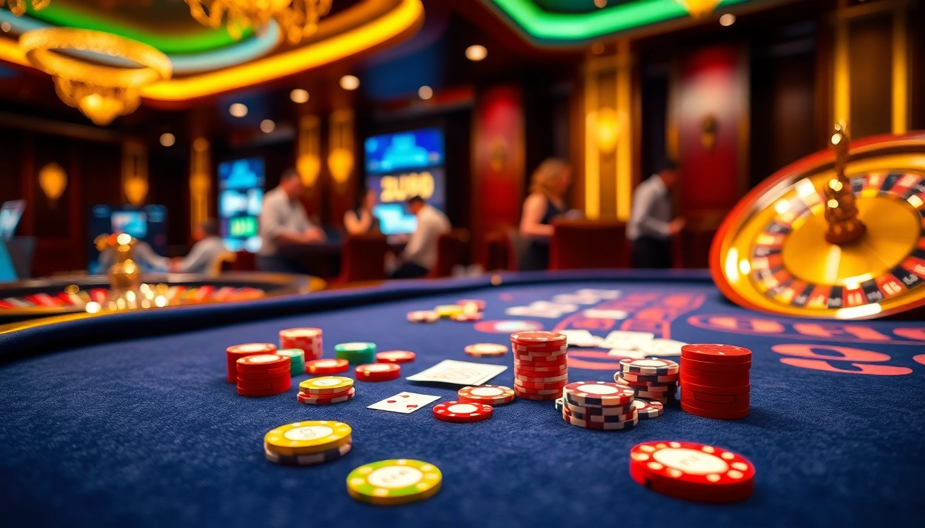 Engaging players at DU 88 casino table with vibrant poker chips and cards.