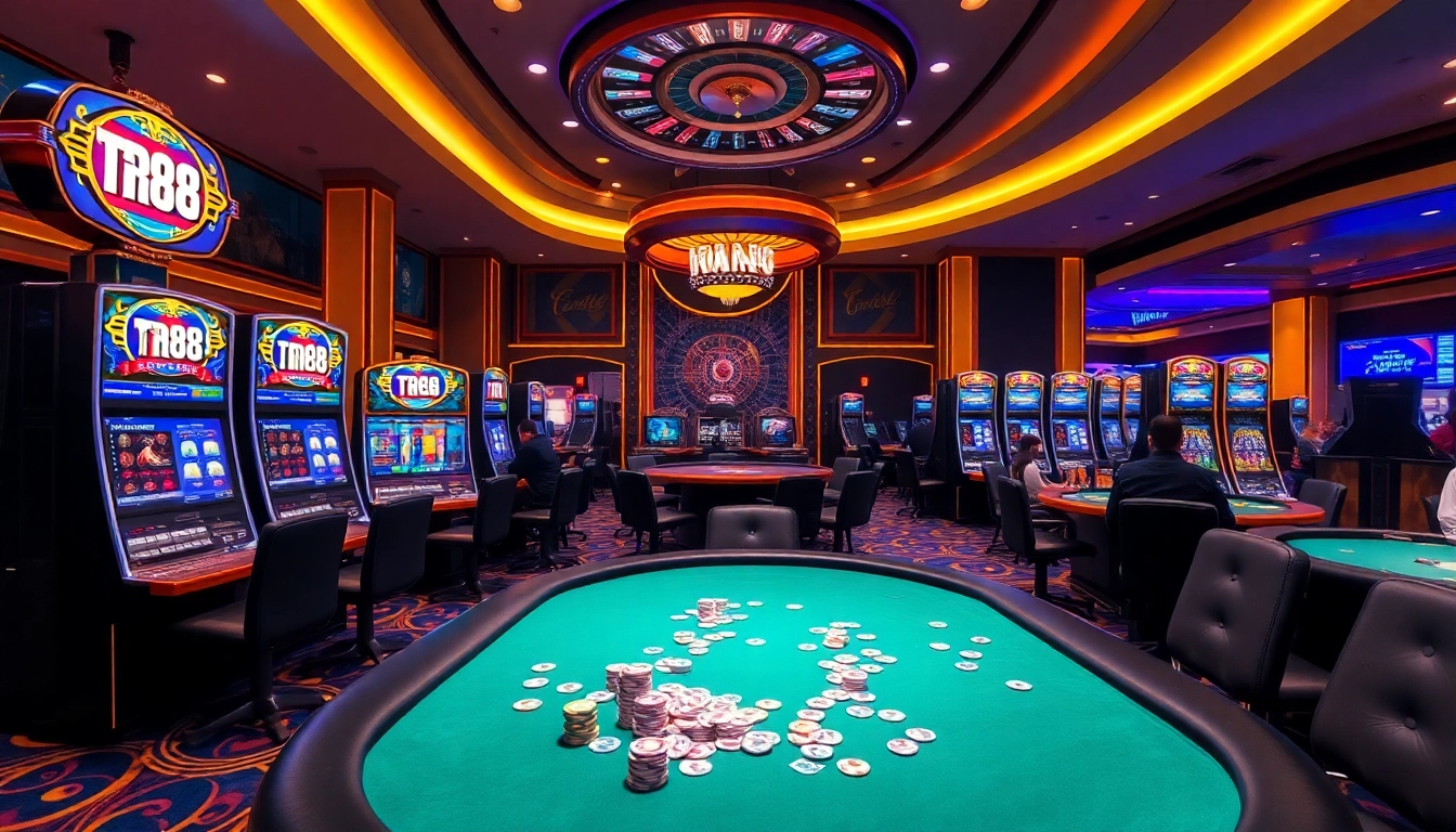 Engaging players at TR88-themed casino games filled with excitement and vibrant colors.