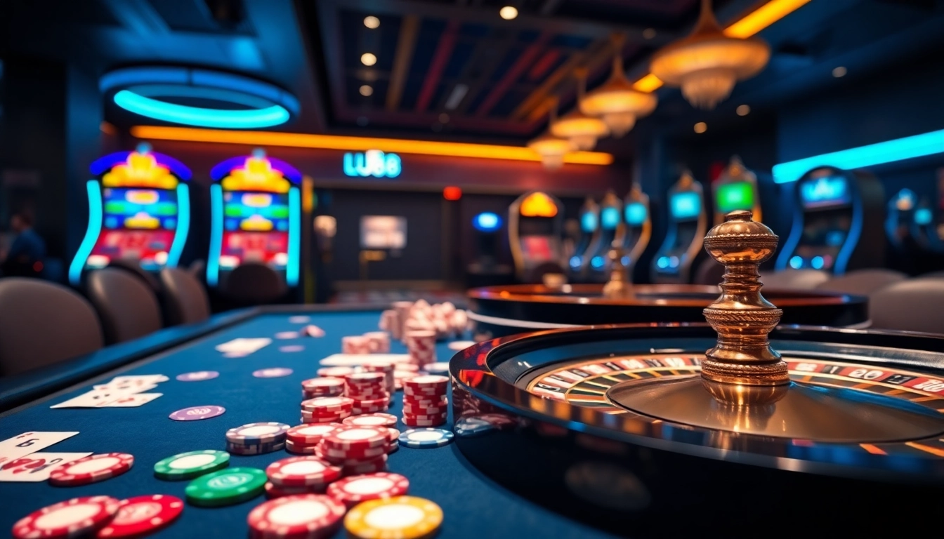 LU88’s vibrant casino scene featuring poker chips and a roulette wheel, showcasing an exciting gaming atmosphere.