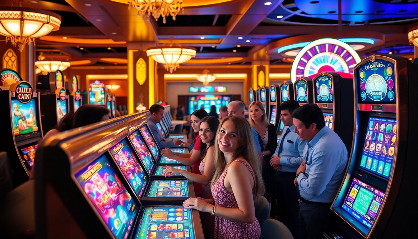 Pemain yang bersemangat terlibat dengan mesin slot dalam suasana kasino yang hidup.