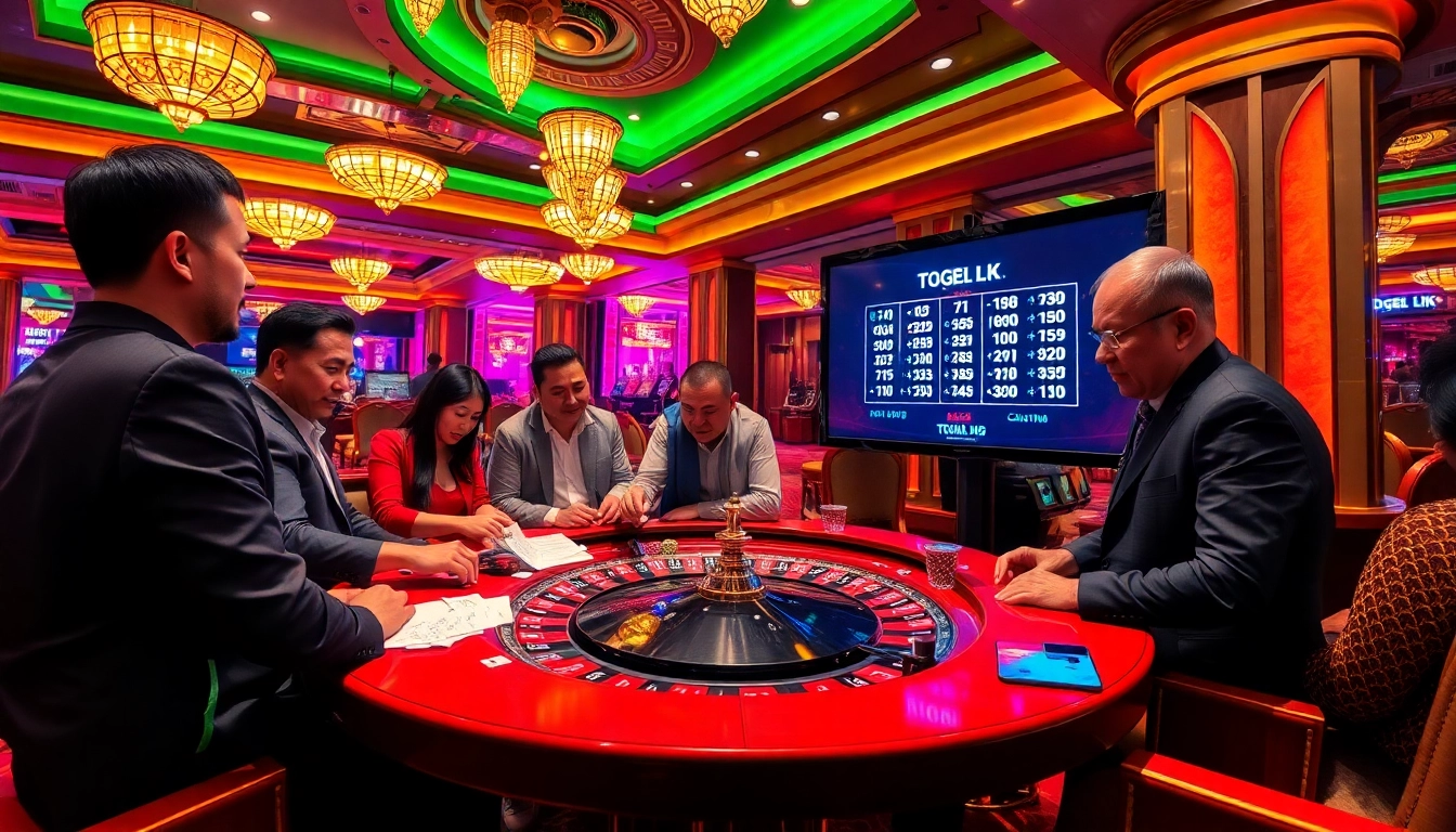 Exciting Togel HK live draw event at a vibrant casino with players engaging in betting.