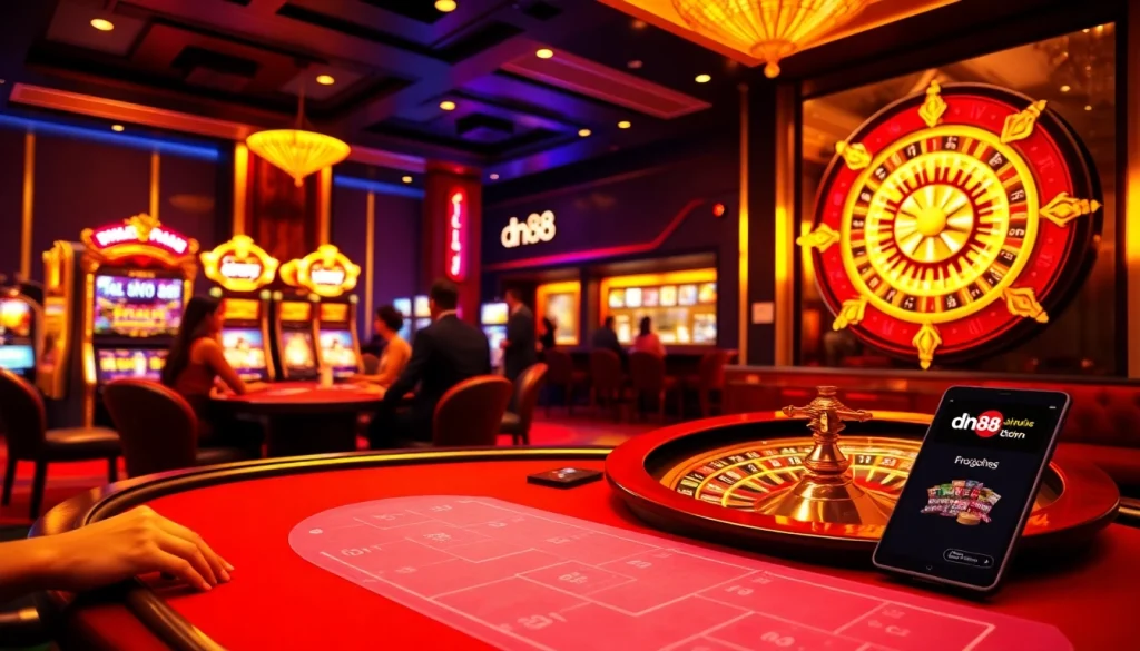 Experience the thrill of gambling at dn88 with an elegant casino scene featuring poker and roulette.