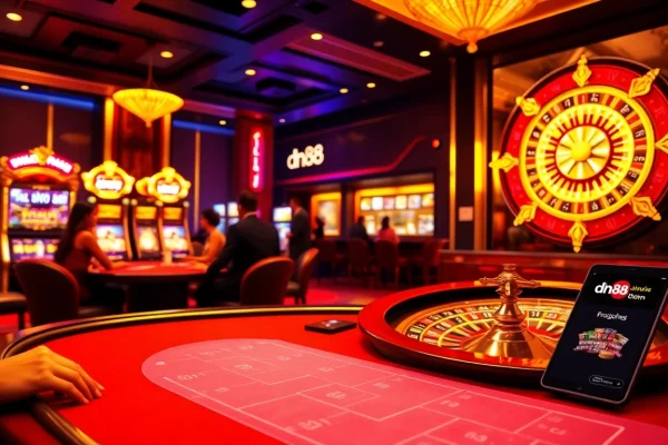 Experience the thrill of gambling at dn88 with an elegant casino scene featuring poker and roulette.