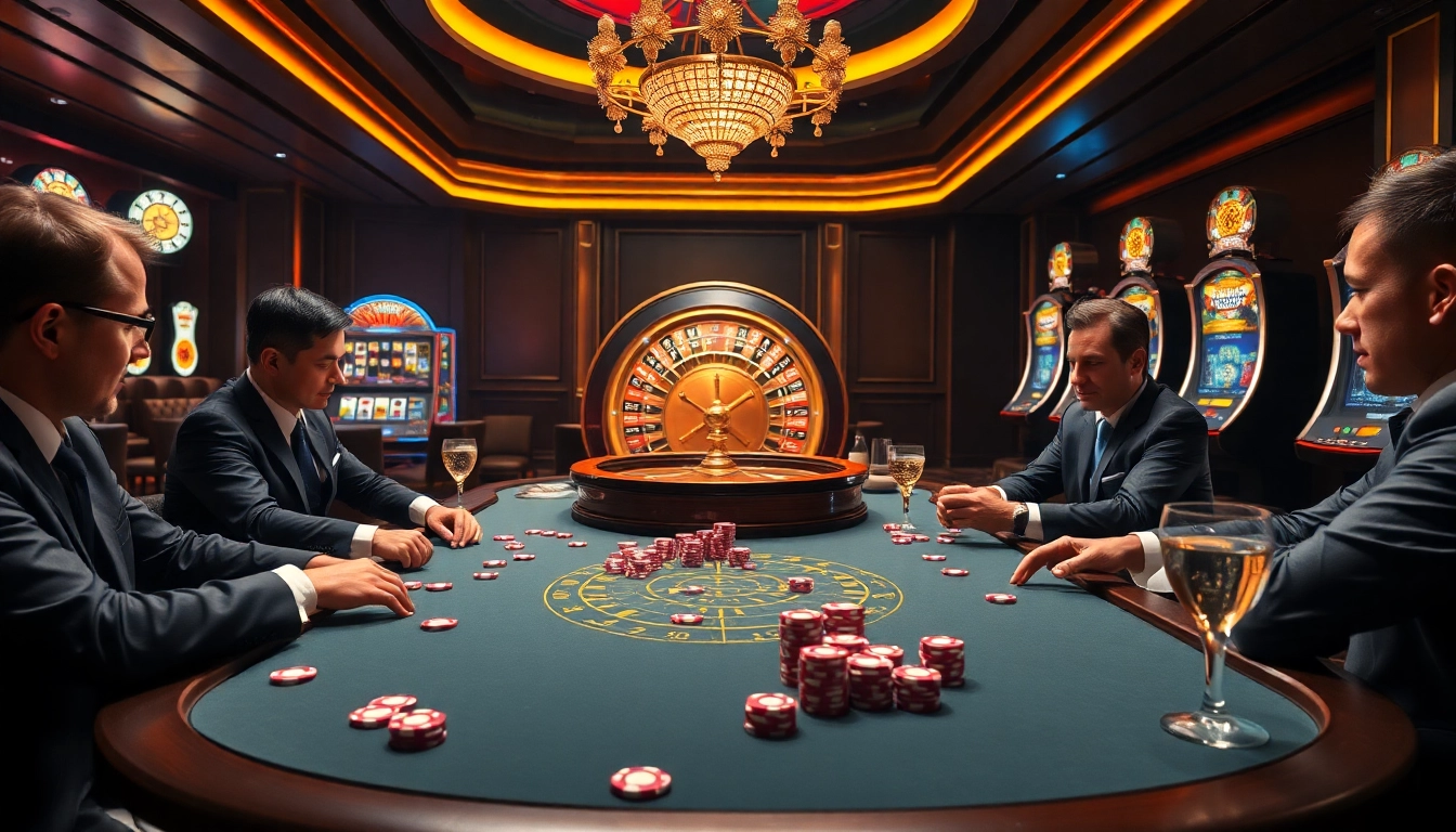 Players bet confidently at Goal123 online casino, surrounded by vibrant poker chips and a roulette wheel.