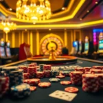 SODO casino table with poker chips and cards, showcasing a vibrant gambling atmosphere.