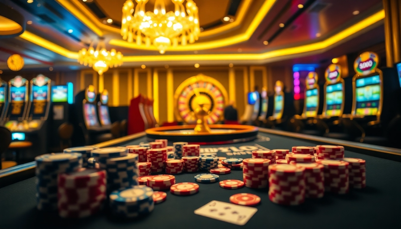 SODO casino table with poker chips and cards, showcasing a vibrant gambling atmosphere.