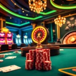 Engage with the thrilling atmosphere of 88vv casino gaming featuring card tables and vibrant slot machines.