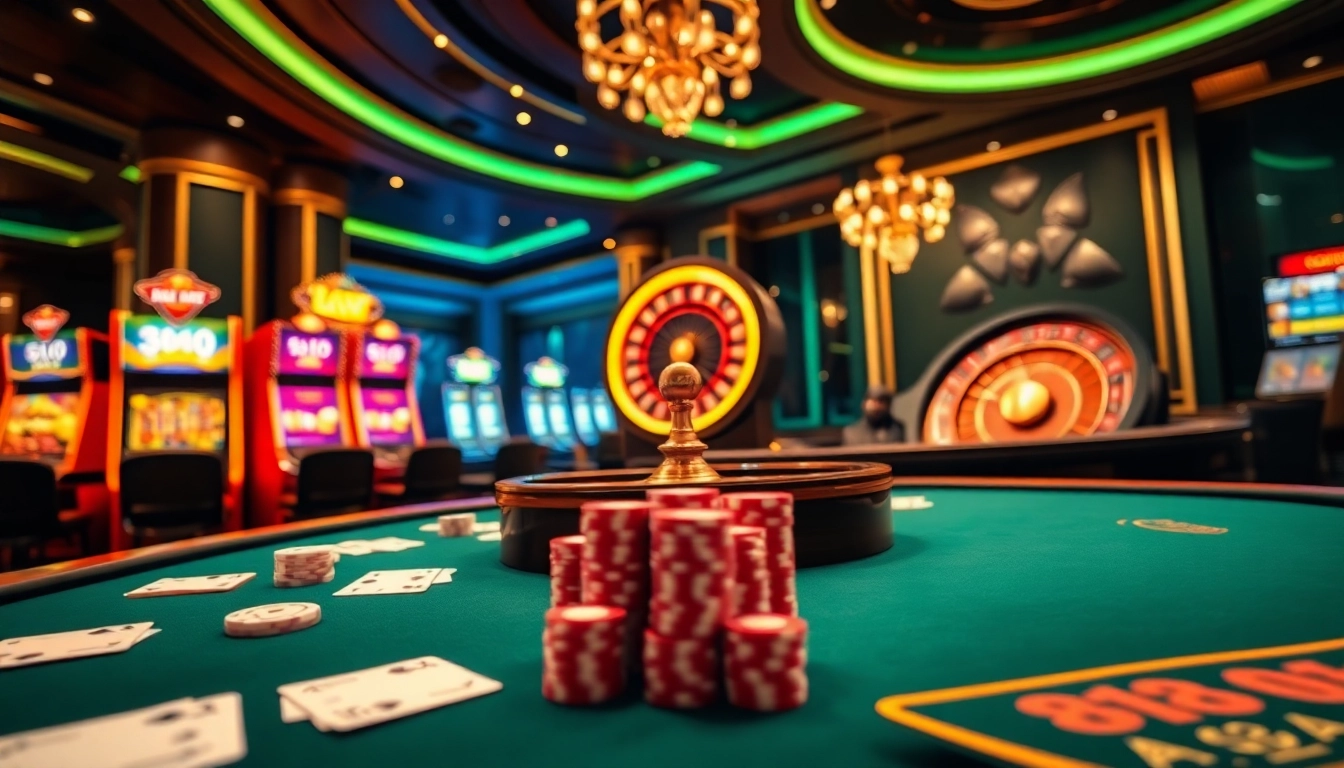 Engage with the thrilling atmosphere of 88vv casino gaming featuring card tables and vibrant slot machines.