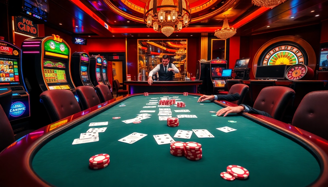 Experience intense gameplay at RR88 with vibrant casino visuals, including poker tables and roulette wheels.