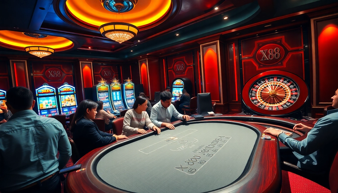 Engaging gamblers at a luxurious XX88 poker table combined with vibrant casino elements.