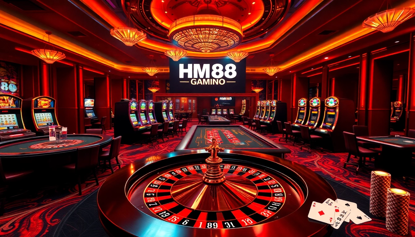 Experience professional gaming at HM88 with vibrant casino visuals featuring roulette, slots, and poker.