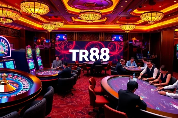 Experience the thrill at a casino featuring the keyword TR88, with poker tables and vibrant slot machines.