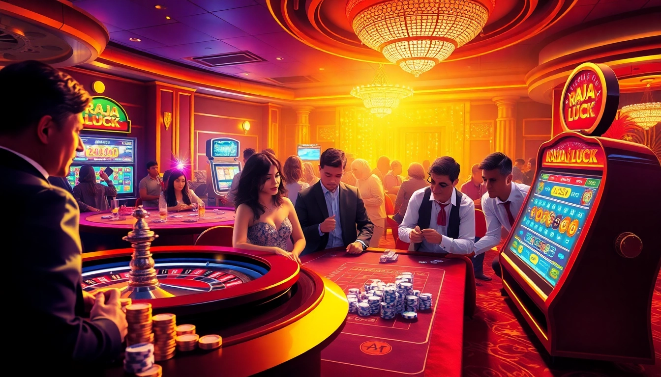 Experience raja luck excitement at a vibrant casino with roulette and slot machines.