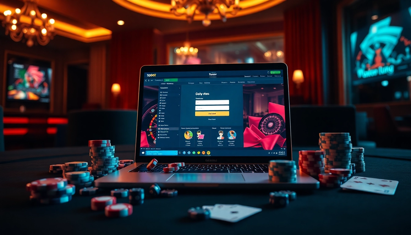 Sbobet login indonesia interface showcasing online betting with vibrant casino elements and poker accessories.