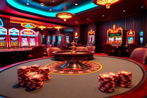 Experience the thrill of gaming at uu88.c with vibrant casino visuals showcasing poker tables and slot machines.