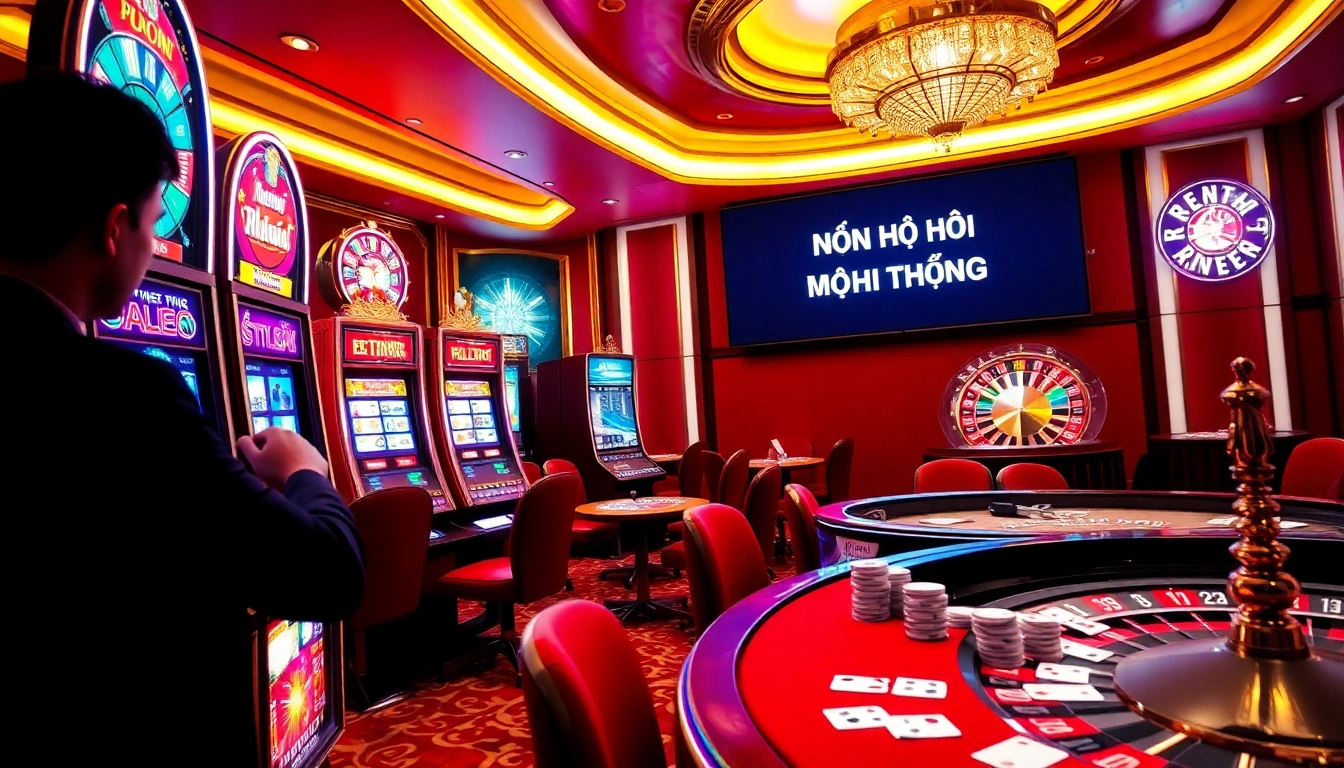 Nổ Hũ Đổi Thưởng slot machine action showcasing excitement and luxury in a vibrant casino scene.