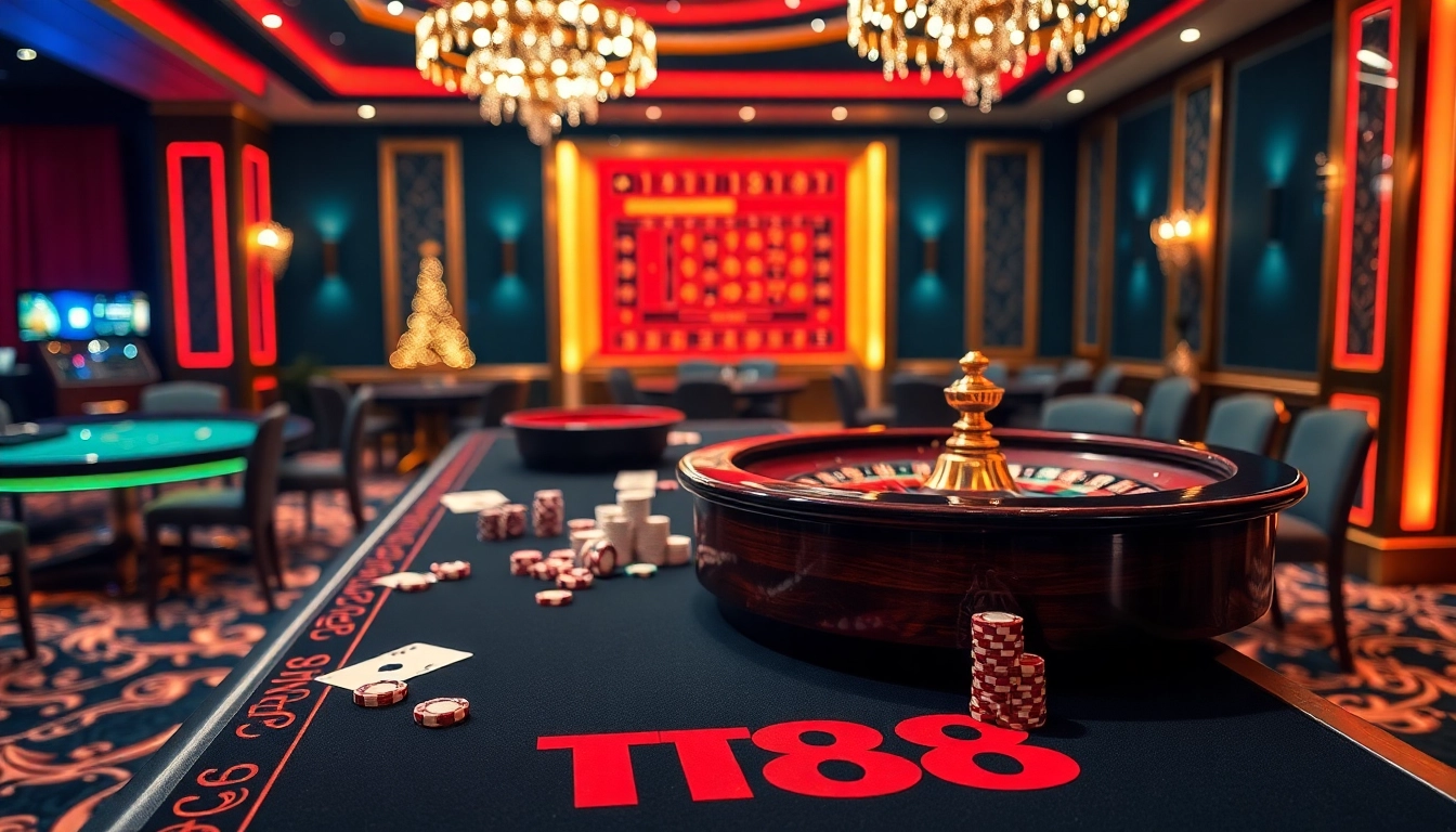 Experience the thrill of TT88 casino gaming with vibrant poker tables and sparkling lights.