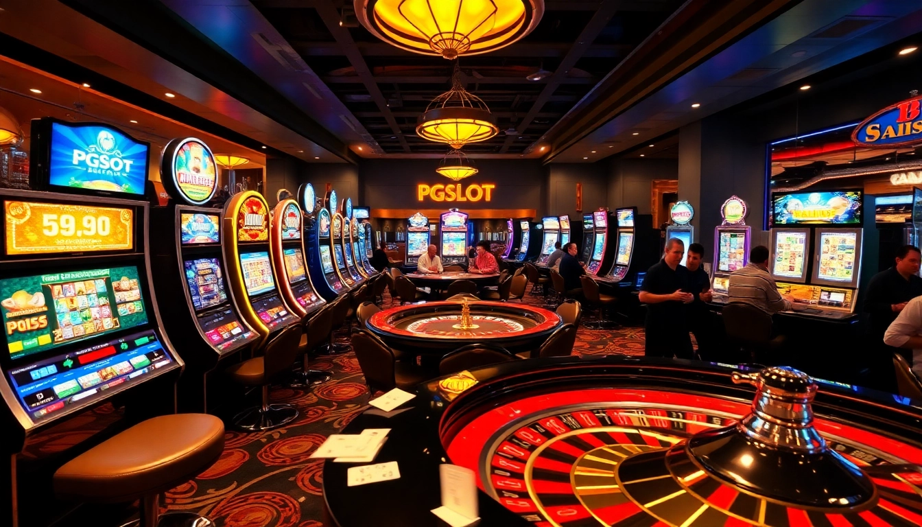 Players enjoying PGSlot PGSoft games with vibrant slot machines and casino excitement.