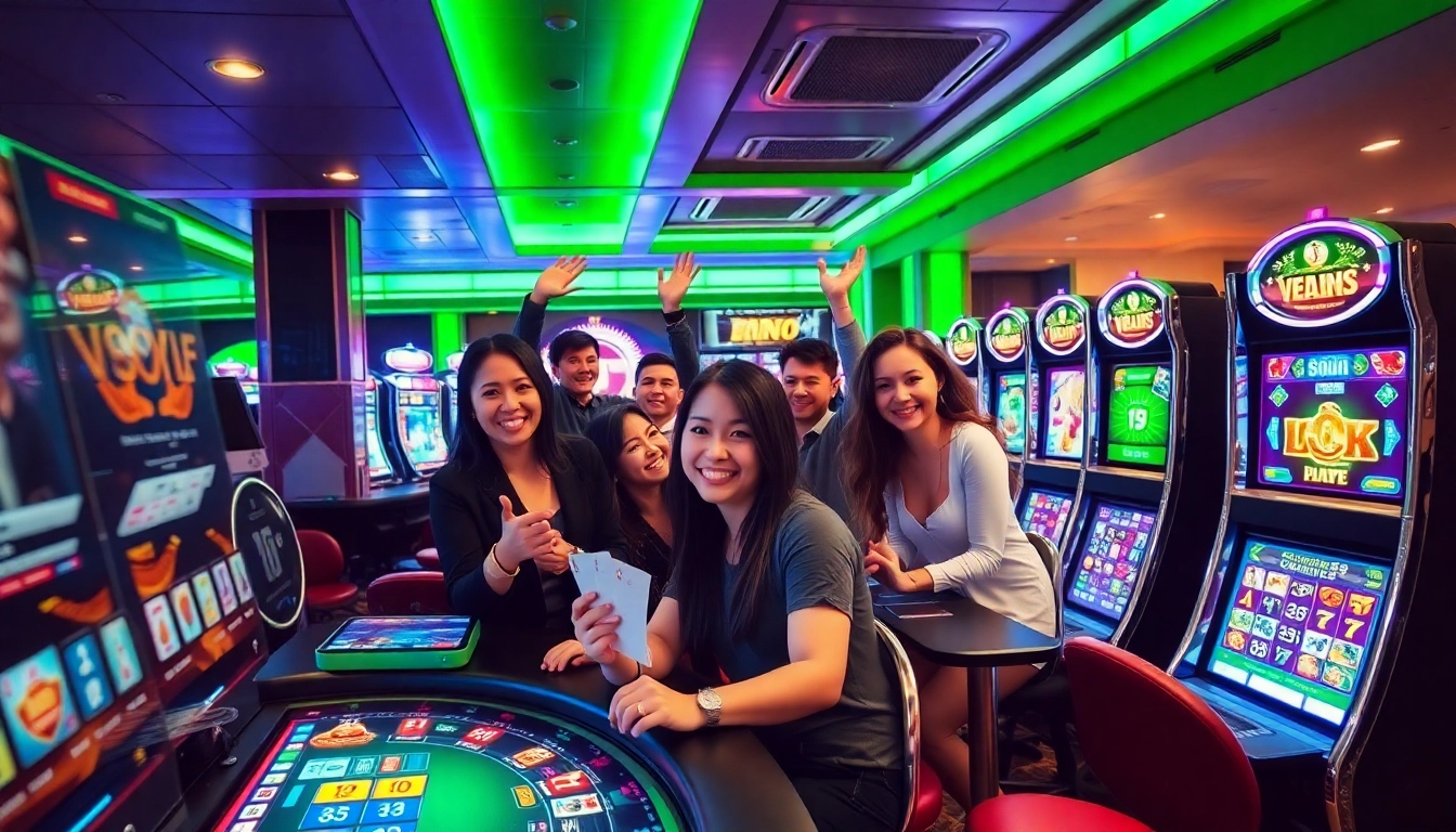 Excited players enjoying online gambling at 66club with modern devices and vibrant casino ambiance.