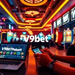V9bet online casino scene with gamers enjoying various digital betting options.