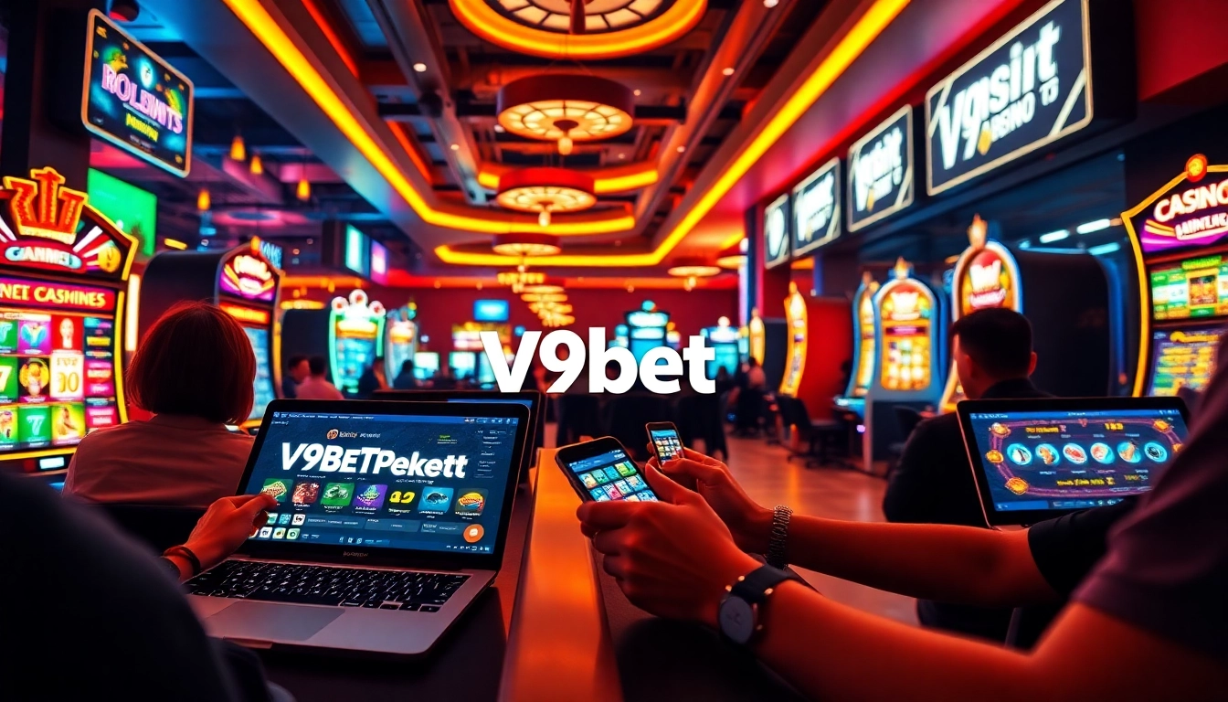 V9bet online casino scene with gamers enjoying various digital betting options.