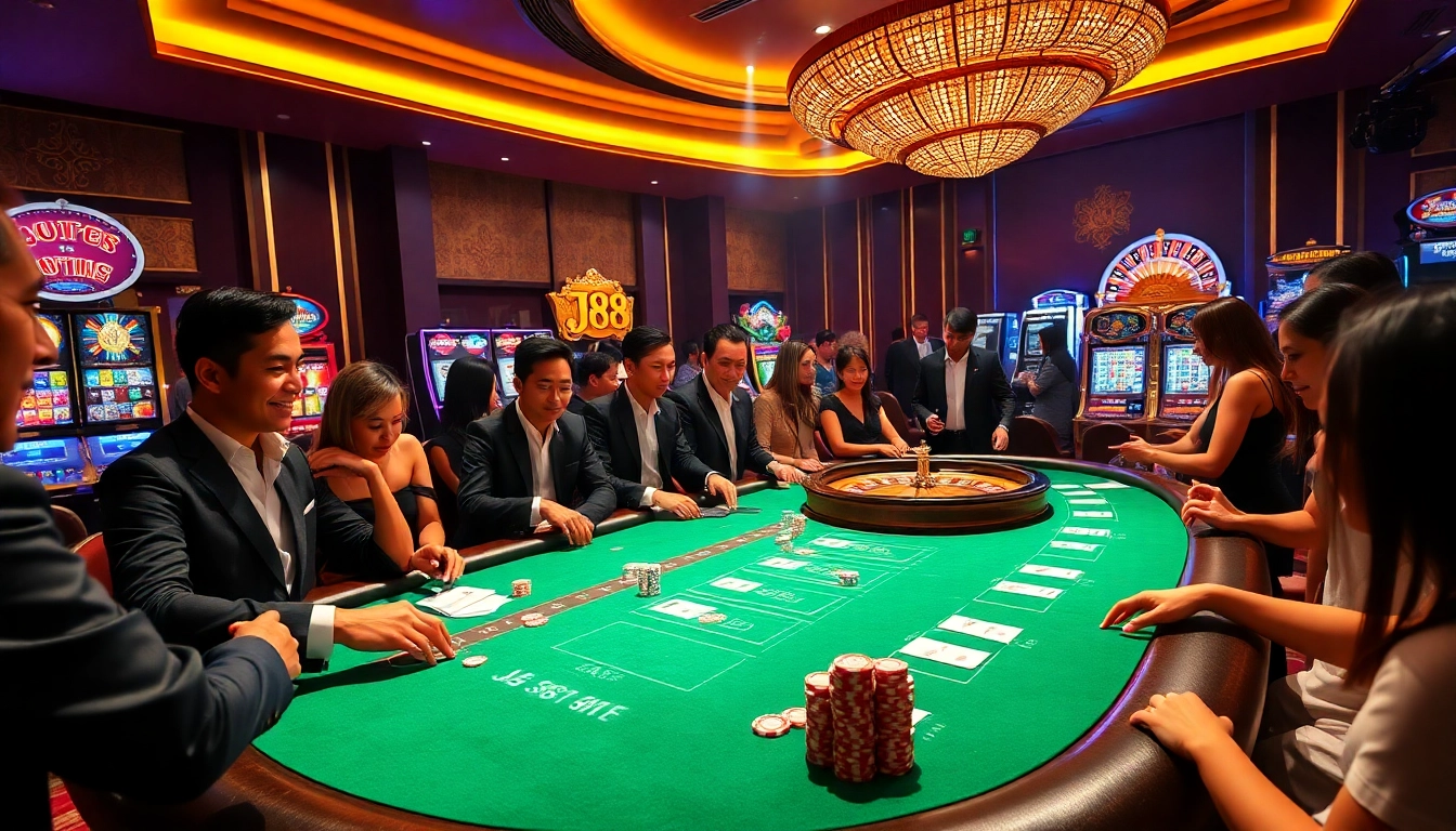 Players enjoying an exciting game at the J88 casino table with colorful chips and cards.