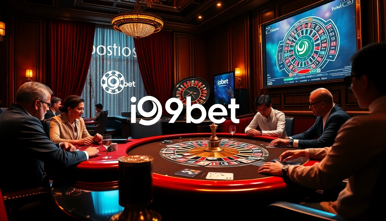 High-stakes gaming scene at a luxurious casino with i9bet branding, showcasing excitement and strategy.