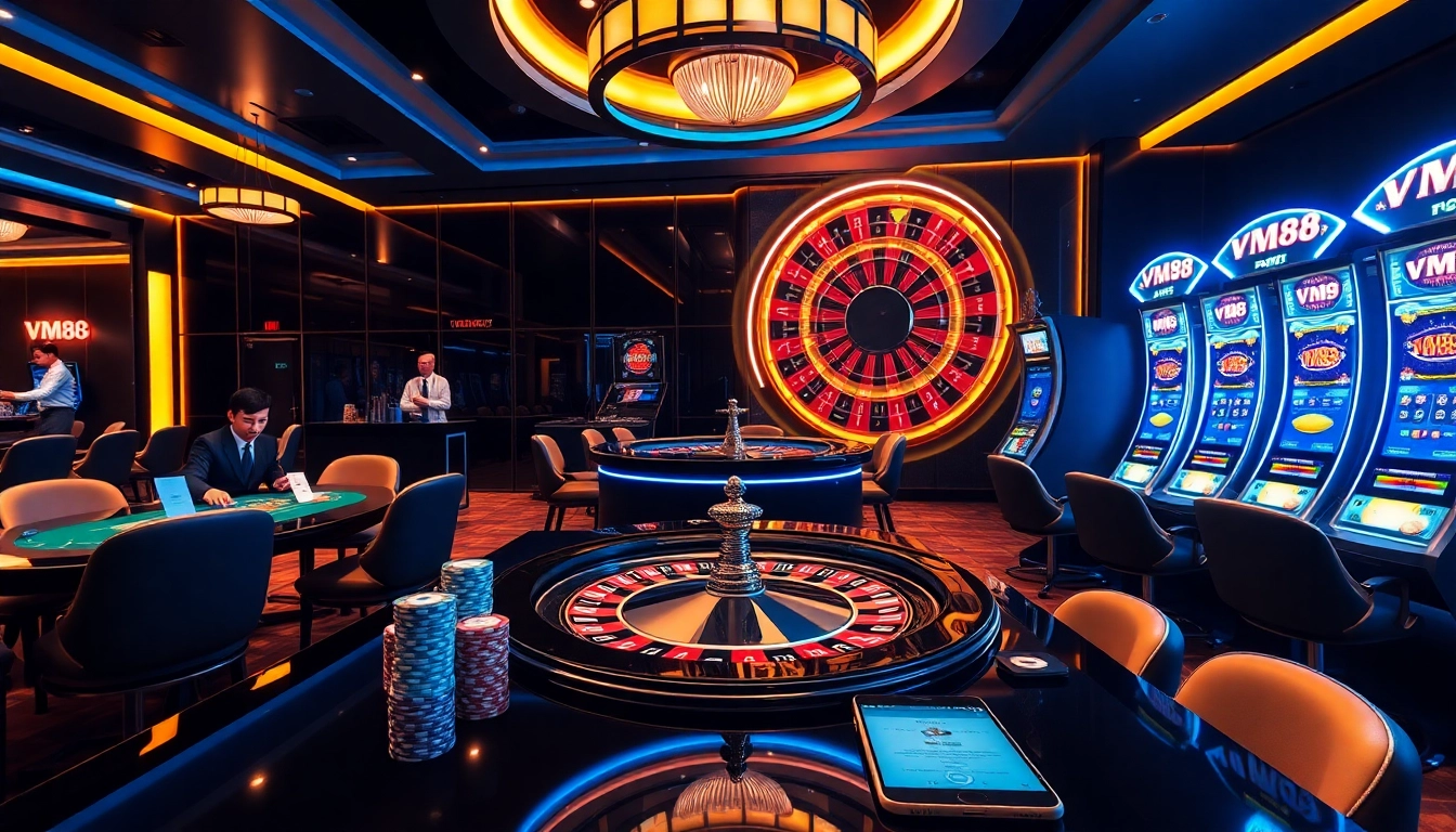 VM88 online casino offering strategic card dealing and competitive poker chip betting action