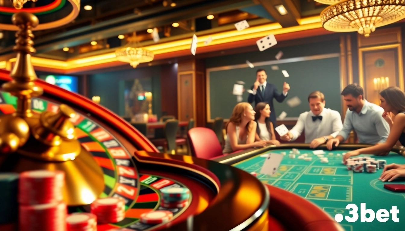 Experience the excitement of gambling at 3Dbet with a vibrant casino scene showcasing a roulette wheel and poker action.
