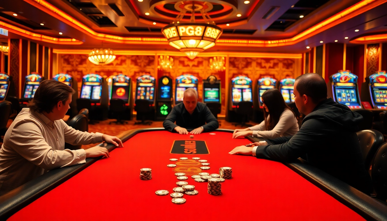 Players winning at PG88 poker table under luxurious casino lights.