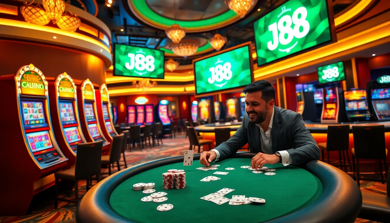 Experience thrilling games at J88, featuring vibrant casino tables and intense poker action.